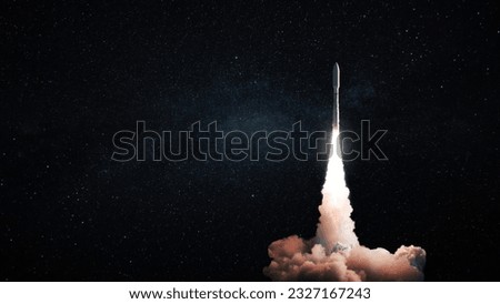 Space modern technology rocket with smoke and blast takes off to the night starry sky. Travel and space exploration, creative idea. Free space for text and design. Spaceship successful launch Royalty-Free Stock Photo #2327167243