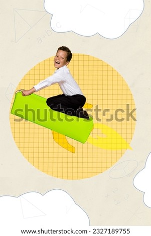 Vertical creative collage picture advert promo supply shopping sale pencil case flight rocket schoolboy isolated on plaid yellow background