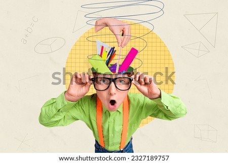 Advert collage of surprised funny schoolboy nerd shock reaction brains absurd supplies knowledge day tools isolated on yellow background
