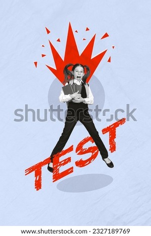Poster banner creative collage of afraid schoolchild with book prepare for passing exam test