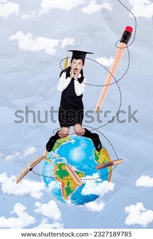 Vertical collage of schoolgirl wear uniform jumping surprised write test pencil globe planet geography subject isolated on sky background