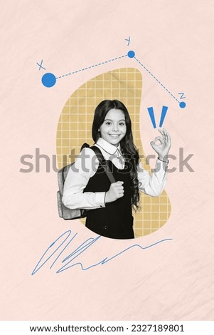 Vertical picture collage of funny schoolgirl young kid children showing okey sign graphic axis coordinates isolated on beige background