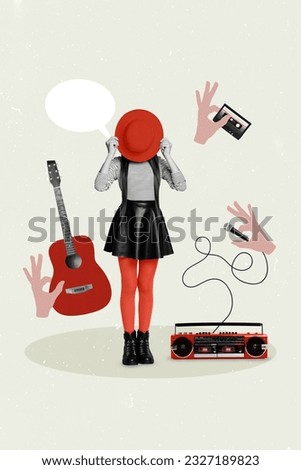 Vertical creative abstract composite photo collage of young girl hat cover face recording song on cassette isolated painted background