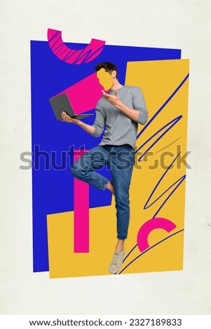 Poster vibrant banner collage of addicted millennial guy using netbook watching video with false news brainwashing concept Royalty-Free Stock Photo #2327189833