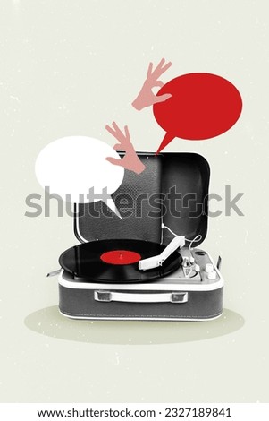 Vertical artwork collage picture 3d image vintage turntable vinyl disc recorder discotheque gramophone songs isolated on grey background