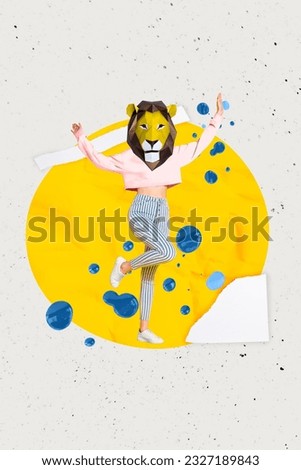Vertical absurd collage artwork illustration head mask lion animal dancing girlfriend have fun summertime isolated on grey background