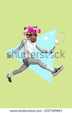 Poster banner creative collage of young sportswoman with wild leopard face playing game match winning with profession sports tool