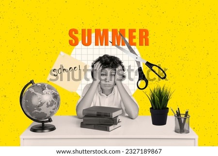 Collage picture of unsatisfied black white effect child pile stack book planet earth globe desk scissors cut summer isolated on yellow background