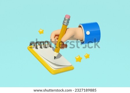Artwork 3d collage image of arm hold pencil write paper notepad take notes feedback review stars isolated on blue background