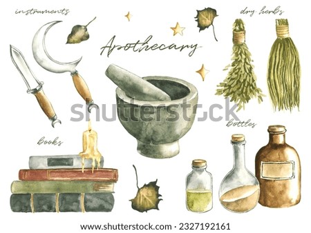 Watercolor apothecary composition of mortar and pestle, old books, candle, knife and sickle, bottles and flasks, dry herbs. Hand drawn natural medicine, homeopathy, aromatherapy clipart elements.