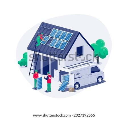 Solar panels installation on family house roof. Construction technician workers connecting the home renewable power energy system to grid. Clean electricity production. Isolated vector illustration. Royalty-Free Stock Photo #2327192555