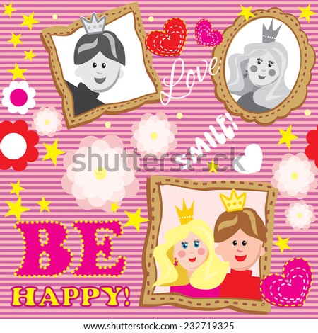 Seamless vector pattern with a picture in scrapbooking style prince and princess in the frames, flowers, hearts and inscriptions on striped background