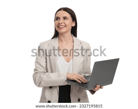 Beautiful businesswoman in suit using laptop on white background