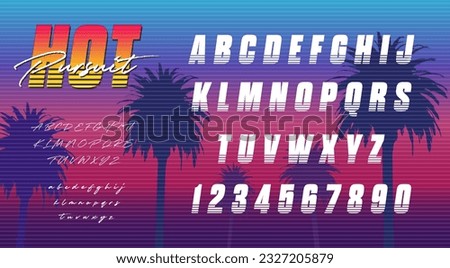 80s inspired alphabet. Collection of letters and numbers influenced by retro. 90s style lettering from LA and Miami. Synthwave typography for flyers and posters. Vintage logo elements. Royalty-Free Stock Photo #2327205879