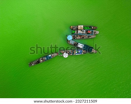 Aerial view of Ben Nom fishing village, a brilliant, fresh, green image of the green algae season on Tri An lake, with many traditional fishing boats anchored. Location in Dong Nai province, Vietnam