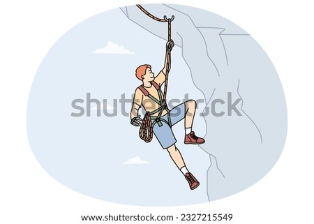 Man climbing mountain with special equipment. Male climber hanging on cliff. Mountaineer and extreme sport concept. Vector illustration.