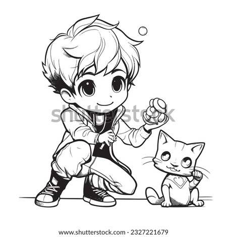 anime character with Pets ,Black and white coloring pages for kids, simple lines ,kawaii anime cute illustration drawing clip art character, vector  