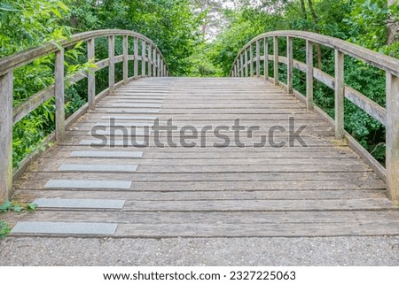 Arched platform of wooden planks an arch bridge, low angle view, abundant foliage of green leafy trees in misty background, sunny spring day in nature reserve at Echternach, Luxembourg Royalty-Free Stock Photo #2327225063