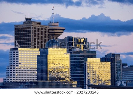 High-Rise Buildings in Urban City at Sunset. Downtown Vancouver, British Columbia, Canada.