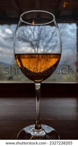 Nature view from the window of the stone house, blush wine and wine glass. Finding peace while watching outside with the pleasure of wine on a cloudy day. Royalty-Free Stock Photo #2327238205