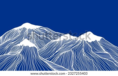 Alpine landscape. Linear Alps with peaks in snow. Banner with mountains. Line art. Linear hills with striped pattern. Minimalist japanese style background design. Vector illustration. Royalty-Free Stock Photo #2327255403