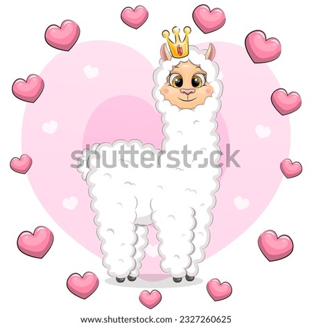 Cute cartoon llama with a crown in a heart frame. Vector illustration of an animal on a pink background.