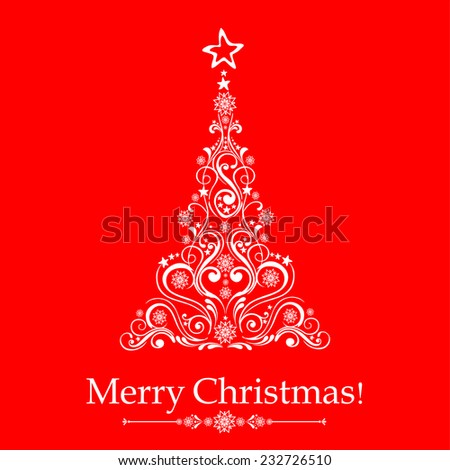 Graphic elegant Christmas tree isolated on red background. Vector illustration 