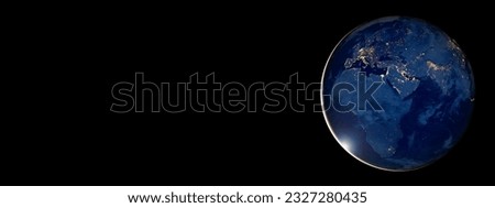 Earth at night from space on black background. Minimalist technology, global business, finance or communication web banner concept. Elements of this image furnished by NASA.