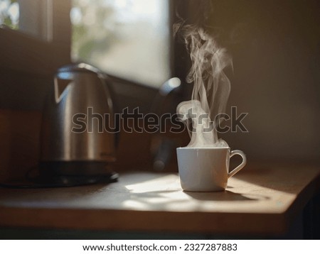 Woman is drinking coffee , morning routine. Tiny house. First property. Small apartment interior design. Minimalism. Moving in. Living alone. Charming trailer house with the morning sun Royalty-Free Stock Photo #2327287883