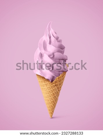 Delicious soft serve berry ice cream in crispy cone on pastel violet background