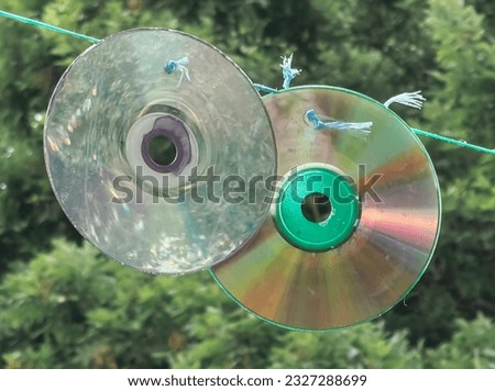 Two cd's hanging on the green rope. Forgotten technology, concept. Sun reflection.  Evergreen trees as background.