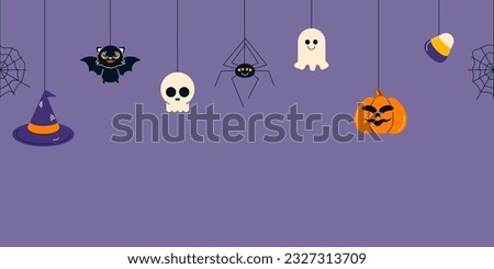 Happy Halloween seamless border with bat, spider web, ghost, pumpkin, witch hat and candies. Helloween repeating banner background. Flat vector illustration