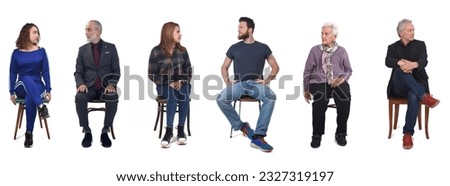 front view of a group of woman and woman sitting and looking away on whilte background Royalty-Free Stock Photo #2327319197