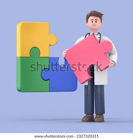 3D illustration of Male Doctor Lincoln holding puzzle piece, cartoon character thinking, trying resolve the problem. Medical presentation clip art isolated on blue background.

