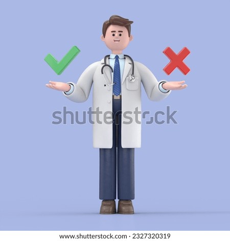 3D illustration of Male Doctor Lincoln standing confusedly to choose yes or no. Concept of choice, selection, answer, reply, accept of refuse. Doubts, worries. Medical presentation clip art isolated o