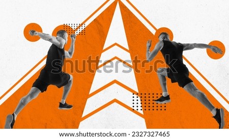 Speed and endurance. Young man, athlete, runner in motion at marathon over abstract background. Contemporary art collage. Concept of professional sport, competition, training, active lifestyle, ad Royalty-Free Stock Photo #2327327465