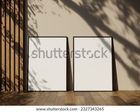 Poster picture frame mockup on wooden tiles floor with aesthetic shadow Royalty-Free Stock Photo #2327343265