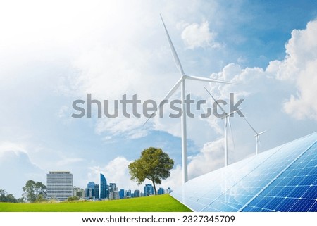 wind turbine farm, Solar panel and smart city in the background. renewable energy. sustainable and environmentally friendly.3D rendering Royalty-Free Stock Photo #2327345709