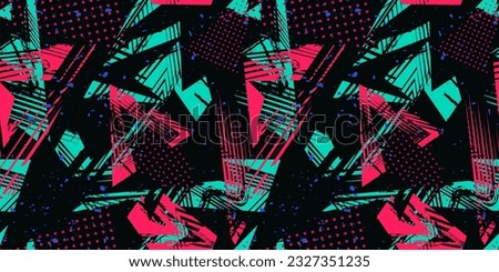 Abstract neon sporty seamless pattern. Urban street art. Grunge texture with chaotic lines, brush strokes, ink paint. Colorful graffiti style vector background. Pop art fashion. Trendy sport design Royalty-Free Stock Photo #2327351235