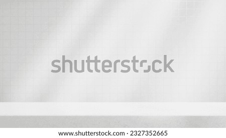 Abstract empty table stage podium with spotlights and white tile wall background for products, cosmetics and advertising, kitchen table background, tile background