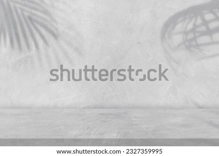Empty Grey wall room background with shadow leaves and rough cement floor or shelf well displays product and text present on free space backdrop 