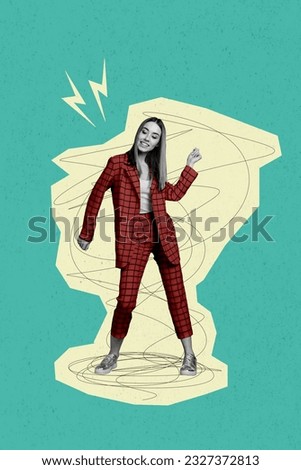 Photo collage artwork minimal picture of carefree smiling lady dancing having fun isolated creative background