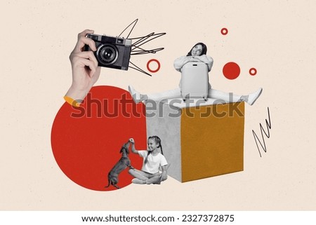 Artwork collage image of mini black white people sit cube podium hold suitcase think play puppy dog big arm hold photo camera