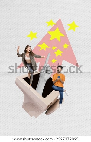 Photo collage artwork minimal picture of happy smiling guy lady working devices career growth isolated graphical background