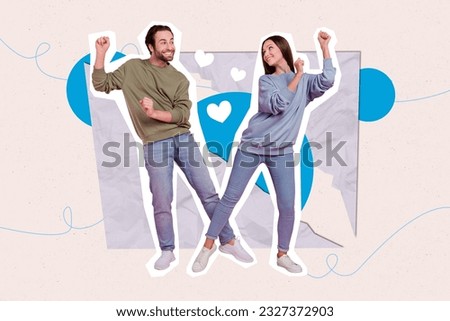 Photo collage artwork minimal picture of pretty smiling couple dancing having fun together isolated creative background