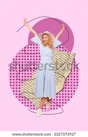 Vertical collage picture of positive charming girl wear dress sunhat piece book paper page isolated on painted violet background