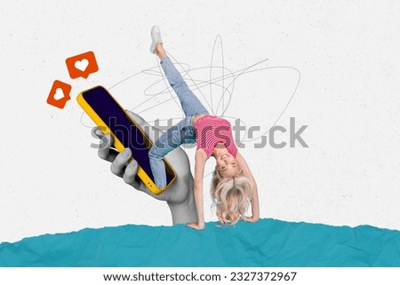 Creative collage illustration image of young famous sports blogger woman stretching inside iphone display isolated on white background