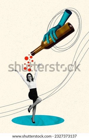 Weekend collage picture creative magazine template of funky business lady drink alcohol bottle cabernet wine isolated on beige background