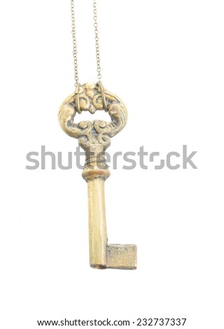 vintage skeleton key on chain isolated on white background