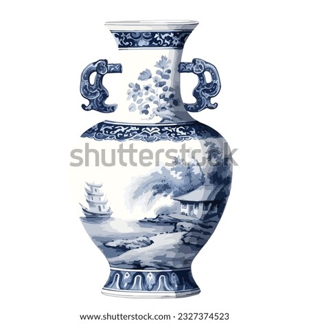 chinese traditional porcelain ceramic flower vase in watercolor Royalty-Free Stock Photo #2327374523